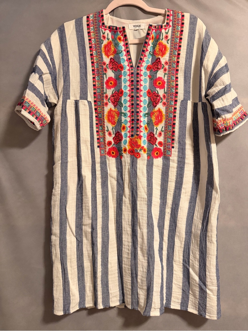 Voge Blue & White Striped Embroidered Cotton Dress